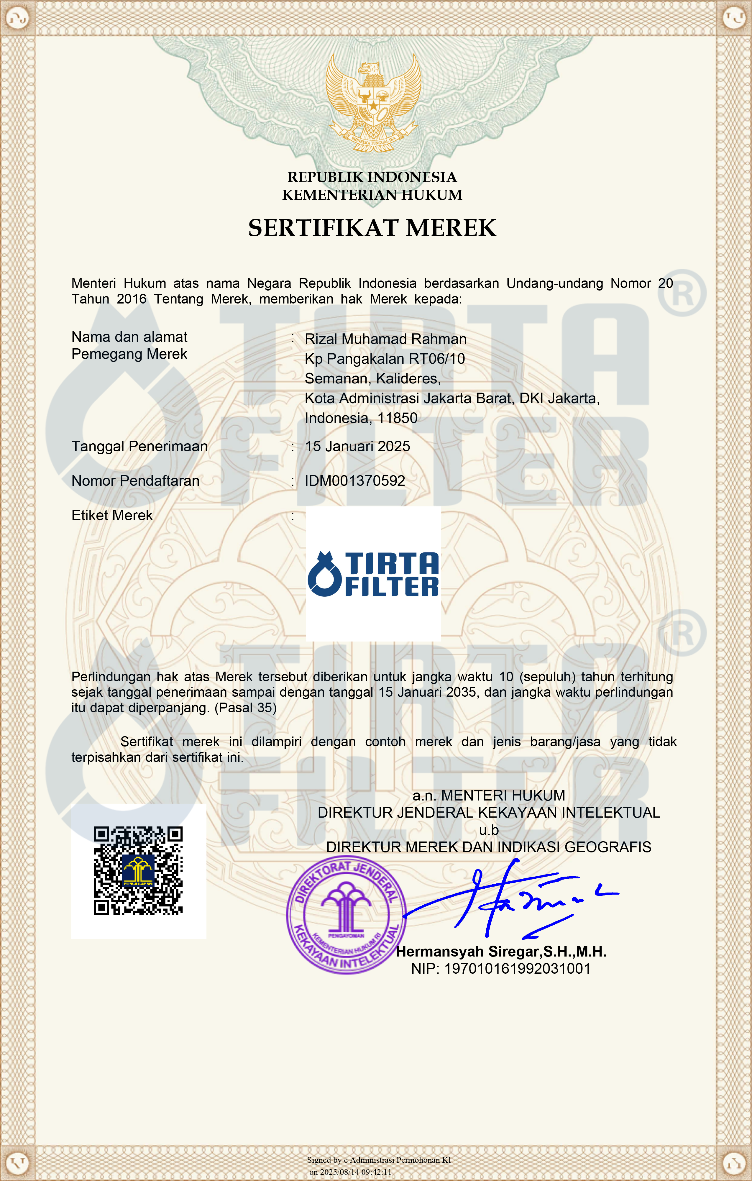 Sertifikat Merek Tirta Filter